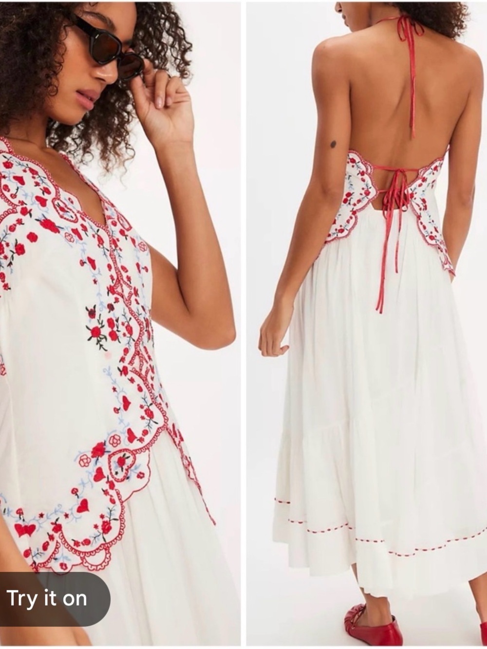 Free People White Maxi Dress with Red Embroidered Floral Detail